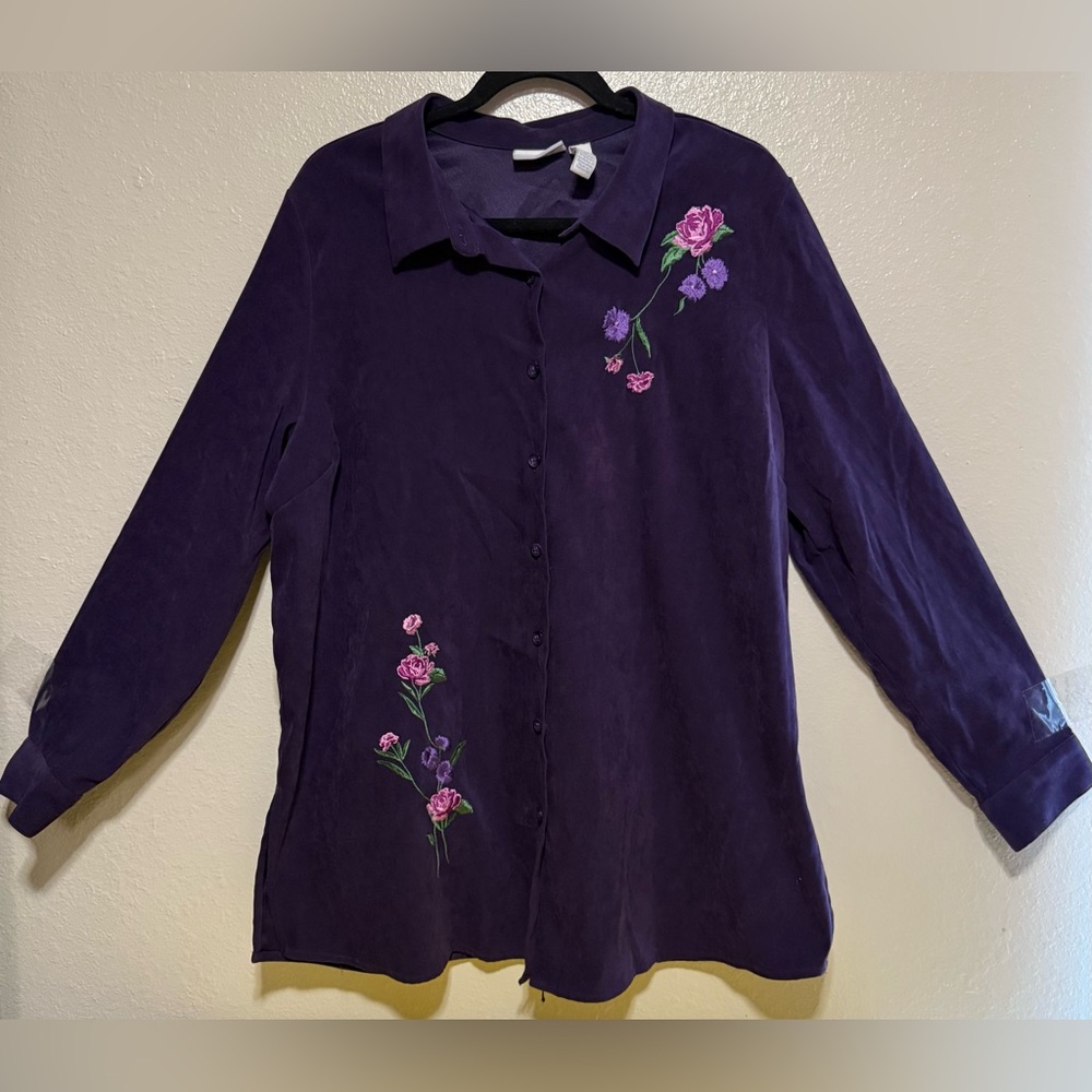 Cascade Blue Velour Embellished Floral Button-Up Shirt | Top